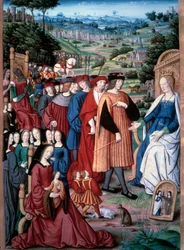 Alegoría: la razón y el hombre. El rey de Francia Luis XII (1462-1515) avanza hacia la razón que diseña su esposa la reina Ana de Bretaña (1477-1514). Miniatura de Jean Pichore en "Remedios contra una y otra fortuna. De remediis utriusque fortunae