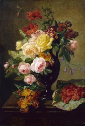 Rosas, amapolas y alhelíes en un jarrón con frambuesas (óleo sobre lienzo)