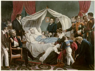 La muerte de Napoleón, 5/05/1821 en Santa Elena. Litografía de Jean Pierre Marie Jazet (1788-1871) después de la pintura de Charles Auguste Steuben (1788-1856) Malmaison. Museo del Castillo