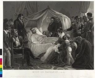Rodeado de abider Napoleón I en el lecho de muerte (aguatinta)