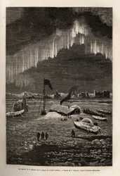 Después del abandono de su barco, la tripulación de La Hansa construyó un campamento en un glacón derivado, iluminado por la aurora boreal, grabado según el dibujo de J.Moynet, ilustrando el viaje de los barcos La Germania y La Hansa al Polo Norte, en 1869