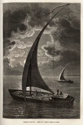 Las barcas del alto Nilo, tripulación reducida y pasajeros durmiendo en cubierta, a la luz de la luna, grabado después del dibujo de J.Moynet, ilustrando el viaje al corazón de África en 1868-1871, por el Dr. Georges Schweinfurth, publicado en “Le tour du 