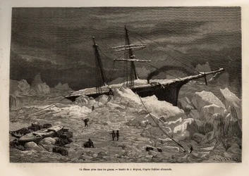 El barco alemán La Hansa atrapado en el hielo. Grabado después del dibujo de J. Moynet, ilustrando el viaje de los barcos La