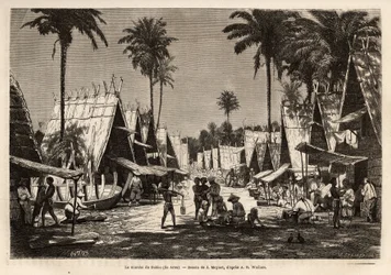 La marcha de Dobbo, en la Isla Arou, un centro portuario, animado por muchos comerciantes y construcción de barcos, grabado después del dibujo de J.Moynet, ilustrando el viaje al archipiélago malayo en 1854-1862, por Alfred Russell Wallace (1823-1913), un