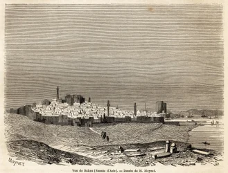 Vista de Bakú (Rusia, Azerbaiyán), dibujo de Mr. Moynet, para ilustrar el viaje a la costa del Mar Caspio, en octubre de 1858, por Mr. Moynet. Grabado en “Le tour du monde, nouveau journal des voyages” París