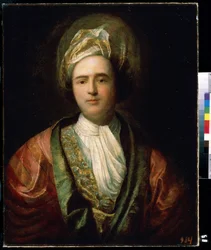 ""Retrato de un actor en traje de escenario oriental"" (Retrato de un actor) Lleva un turbante. Pintura de Jean Ranc (1674-1735) Museo de Arte Mikhail Kroshitsky del siglo XVIII, Sebastopol (Sebastopol) Ucrania