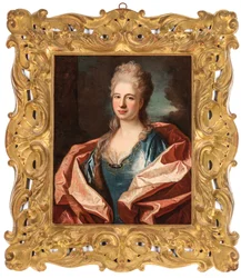 Retrato de una dama, busto, en un vestido de seda azul adornado con encaje y bordado con hilo de oro