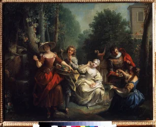 Los cinco sentidos: ""Le gout"" (El gusto) jóvenes de la aristocracia degustando frutas. Pintura de Jean Raoux (1677-1734) 1725-1735 Museo Pushkin, Moscú