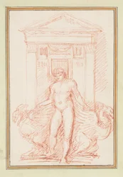 Puerta con figura desnuda y criaturas aladas