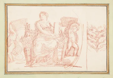 Figura femenina sentada con libros y putti