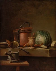 Bodegón con olla de cobre, repollo, mortero y estufa
