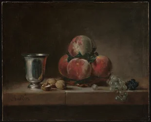 Naturaleza muerta con duraznos, una copa de plata, uvas y nueces