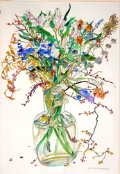 Alstroemeria, Statice, Honestidad Caléndula, Hojas secas, Bayas