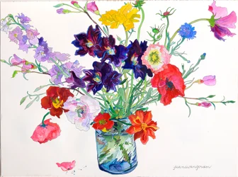 Lirios de día, amapolas y delphiniums (acuarela y tinta sobre papel)