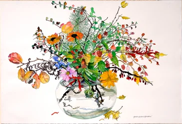 Plenitud del otoño en cuenco de cristal (acuarela y tinta sobre papel)