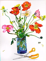 Amapolas, jarrón azul y tijeras (acuarela y tinta sobre papel)