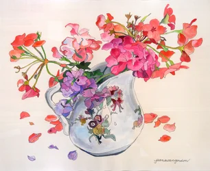 Spring Blossoms in Limoges Du Barry Creamer (acuarela y tinta sobre papel)