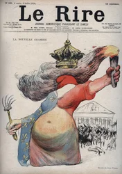 La nueva sala - Marianne con su rostro cubierto por un gorro frigio - Marianne vestida con un vestido en dos partes: un lado rojo y el otro decorado con flores de lis - (La caricatura se refiere a la división política entre republicanos y monárquicos) - di