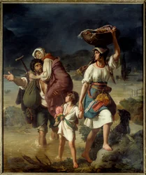 Una familia de Contadini sorprendida por una rápida crecida del Tíber escapa a través de las aguas, llamados campesinos del campo romano huyendo de una inundación