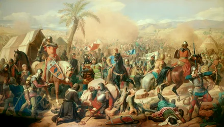 Primera cruzada: «Batalla de Ascalón, 12/08/1099, victoria de Godofredo de Bouillón (1061-1100) sobre el visir Afdal». Pintura de Victor Schnetz (1787-1870), 1843. Lienzo. 3,15 x 5,56 m. Versalles, Museo del Castillo