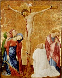 Calvario al monje cartujo. Las tres vírgenes y San Juan rodean la cruz. Un monje cartujo se arrodilla al pie de Cristo