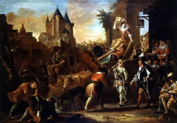 Llegada de los comediantes a Le Mans Pintura que ilustra "El Roman cómico" de Paul Scarron (1610-1660). Pintura de Jean-Baptiste (Jean Baptiste) Coulom (o Coulon) (ca. 1695-1735)