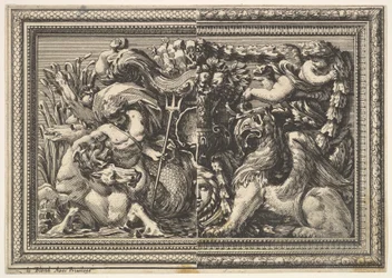 Diseño para un panel con dos variantes que contienen un hipocampo y un grifo, de: Ornements..., 1651