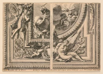 Hoja con dos diseños para decoraciones de techo, de "Plafons à la Romaine"