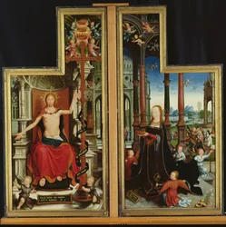 Políptico de la Glorificación de la Santísima Trinidad, paneles que representan a Cristo Entronizado y la Virgen, 1509-15