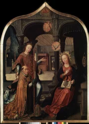 ""representación de la anunciación con el santo patrón Guillaume de Bruselas"" Panel central del tríptico de la anunciación (La anunciación). Pintura sobre madera de Jean Bellegambe el Viejo (1470-1534) San Petersburgo, Museo del Hermitage