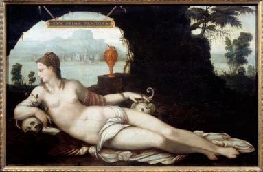 Eva Prima Pandora, representación de una mujer que reúne las características de Eva y Pandora, quienes ambas traen todo mal a la tierra. Pintura «Vanite» de Jean Cousin, llamado el Padre (1490-1560), siglo XVI. Dimensiones: 0,97 x 1,5 m.