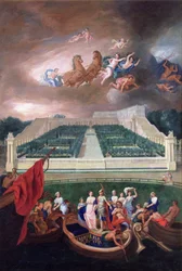 Vista de la Orangerie y el Chateau de Versailles con el rapto de Helena, 1688
