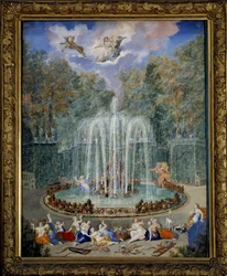 Vista del bosquecillo de la estrella o montaña de agua en los jardines de Versalles con Alphee persiguiendo a Arethuse y en el cielo, Diane conduce su carro