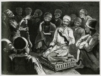 Narrador persa rodea a su audiencia. Grabado por el autor Viajero, para ilustrar la historia "Persia, Caldea y Susiana"