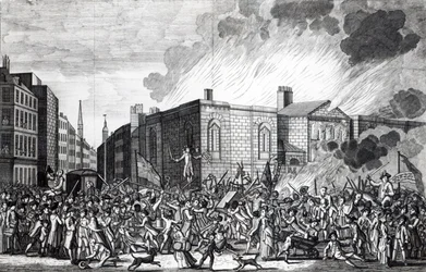 Una representación exacta del incendio, saqueo y destrucción de Newgate por los alborotadores el memorable 7 de junio de 1780, grabado por Henry Roberts, 1781