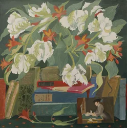 Tulipanes, libros y postales (acrílico)