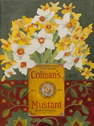 Narcisos blancos y amarillos en lata de mostaza Colman (acrílico)