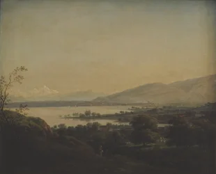 Vista a través del lago Lemán hacia Mont Blanc y Ginebra