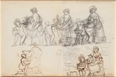 Diferentes bocetos para una escena de la obra de teatro "Chinafarene" de P.A. Heiberg
