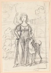 Boceto de composición para un retrato de una joven con la mano derecha en el costado y el brazo izquierdo alrededor del cuello de su perro, de pie junto a una escalera de jardín
