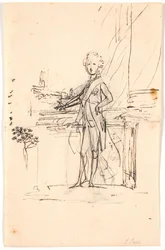 Boceto de composición para retrato de cuerpo entero de Federico VI como joven príncipe heredero. De pie junto a una mesa, de frente hacia la izquierda