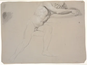 Modelo sentado, con la cabeza y los brazos apoyados en almohadas; no terminado de dibujar
