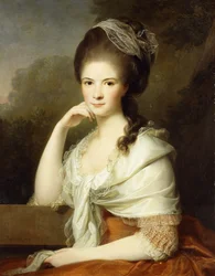 Retrato de una dama, sentada a medio cuerpo, con un vestido marrón y un chal blanco, 1778