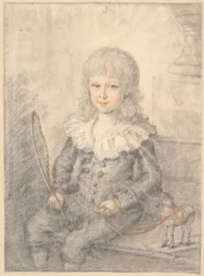 Retrato de un niño con un caballo de juguete
