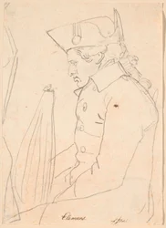 Retrato del grabador J.F. Clemens. Figura de tres cuartos sentada de perfil hacia la izquierda