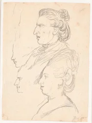 Retratos de perfil de la reina Caroline Mathilde, J.F. Struensee y Enevold Brandt, y un boceto, posiblemente de Juel mismo. Todos en perfil hacia la izquierda