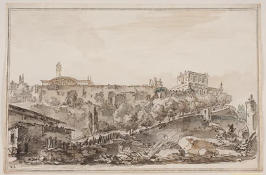 Vista de la ciudad con palacio e iglesia rodeados por un muro