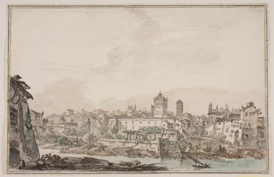 Vista de la ciudad con casas e iglesia junto al río. Roma antigua