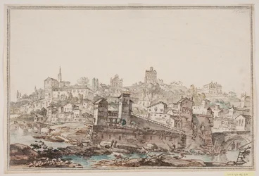 Vista de ciudad con casas e iglesia junto al río. Roma antigua