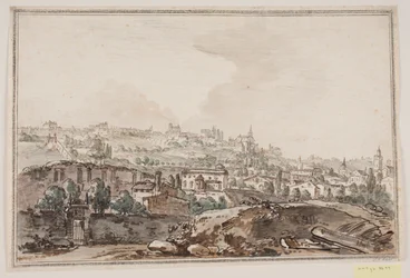 Vista de la ciudad con casas y muro junto al río; en el fondo iglesias y palacios